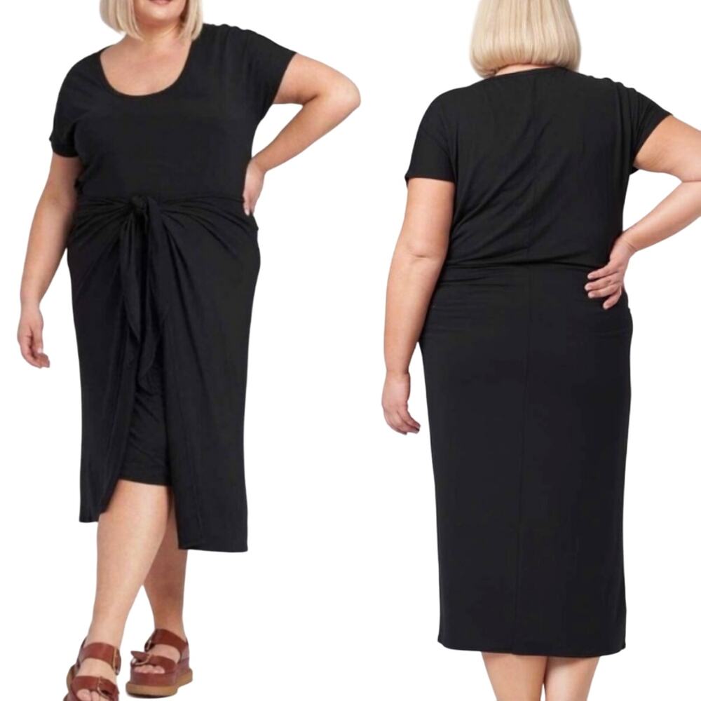 Universal Standard Tie Front Midi Wrap Dress Jersey Knit Scoop Neck Black